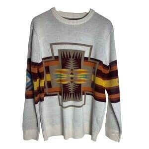 Men's Crewneck Sweater with Southwestern Pattern - Cream/Brown